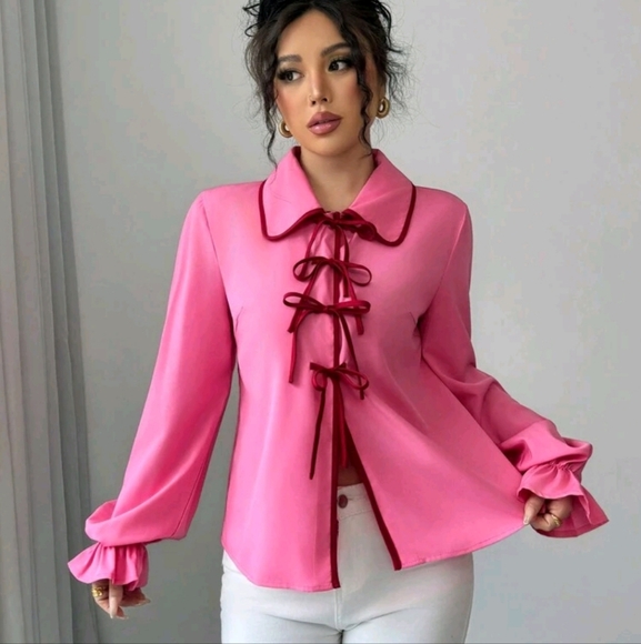 Pink Ruffle Cuff Bow Tie Blouse - Picture 3 of 4